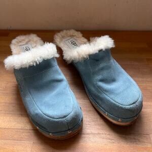 UGG Australia Blue Suede Shearling Lined Clogs Mules Wooden Heel Size 8